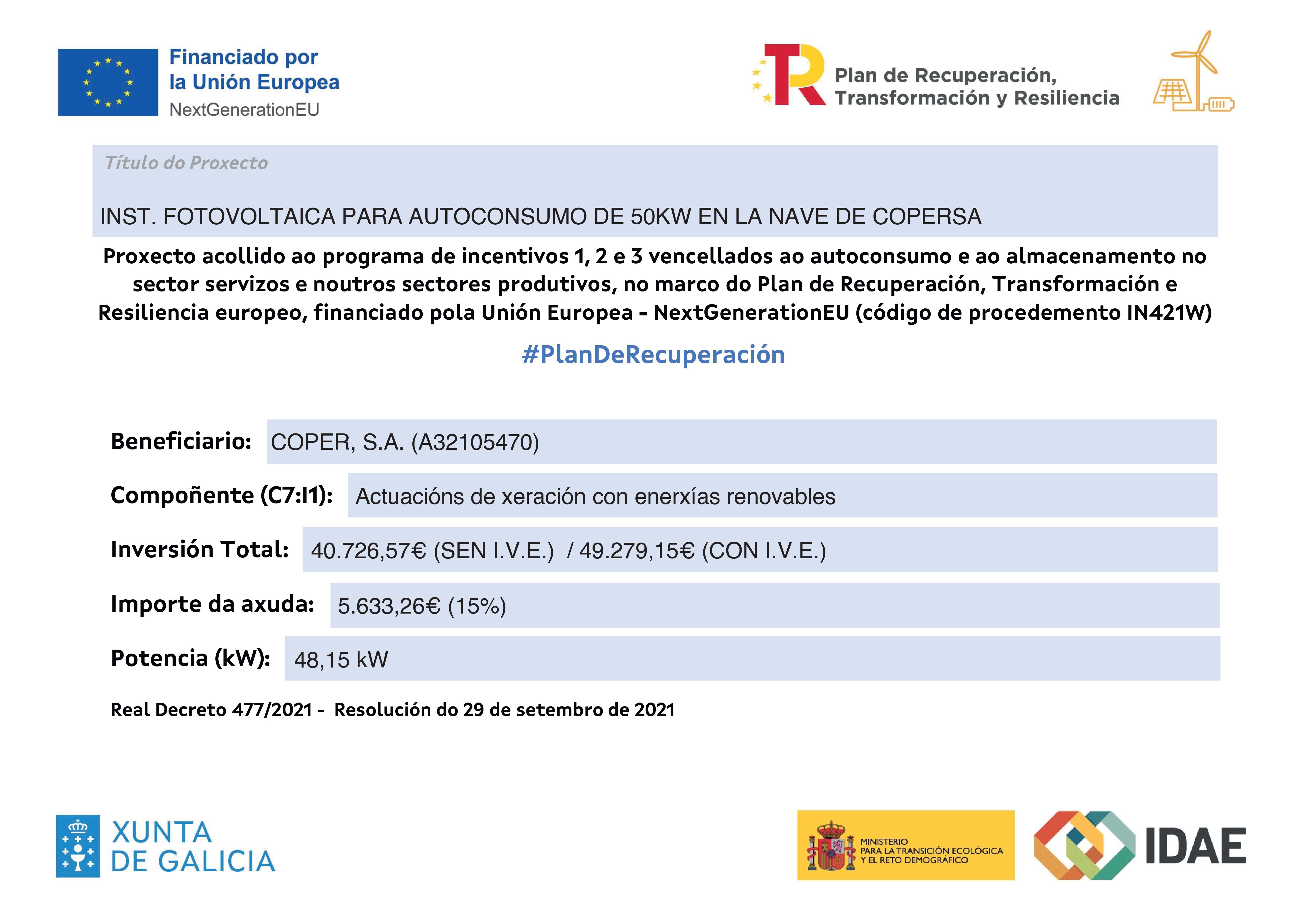 COPER, S.A. ha sido beneficiario de una subvención del INEGA